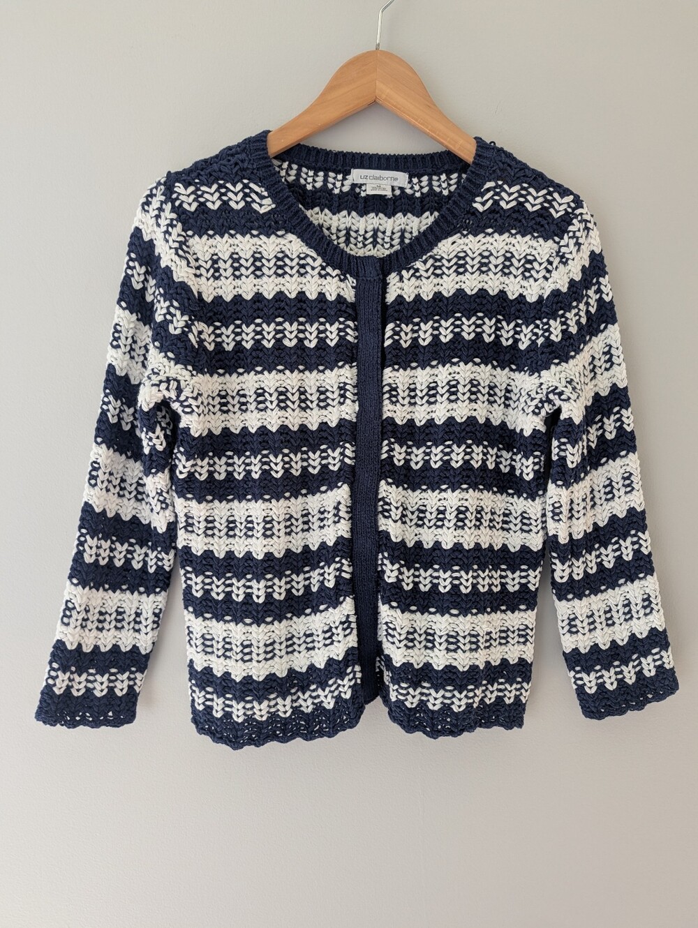 Vintage Liz Claiborne Cardigan M Navy Ivory Open Knit Crochet Coastal Preppy